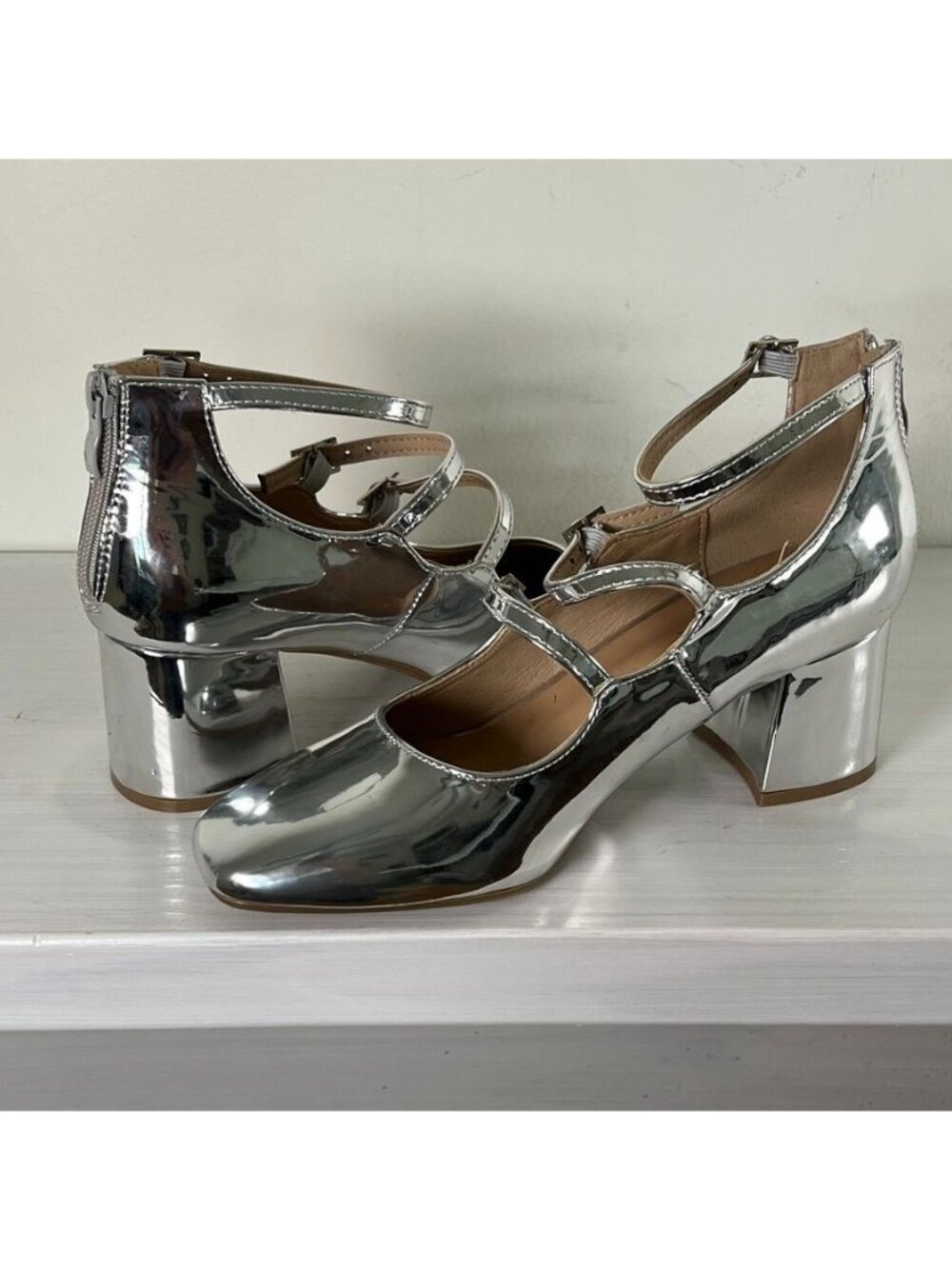 Silver Mirror Mary Jane Heel Women 7 Block Heel Y2K Party Disco Shoes Retro Glam - Picture 4 of 11